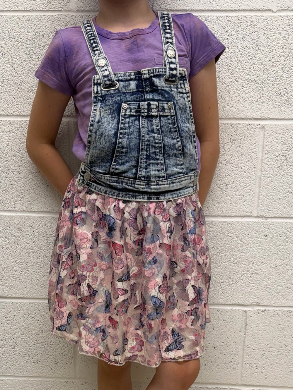 Jordache Acid-Wash Denim Bib Dress with Pink & Blue Butterfly Skirt